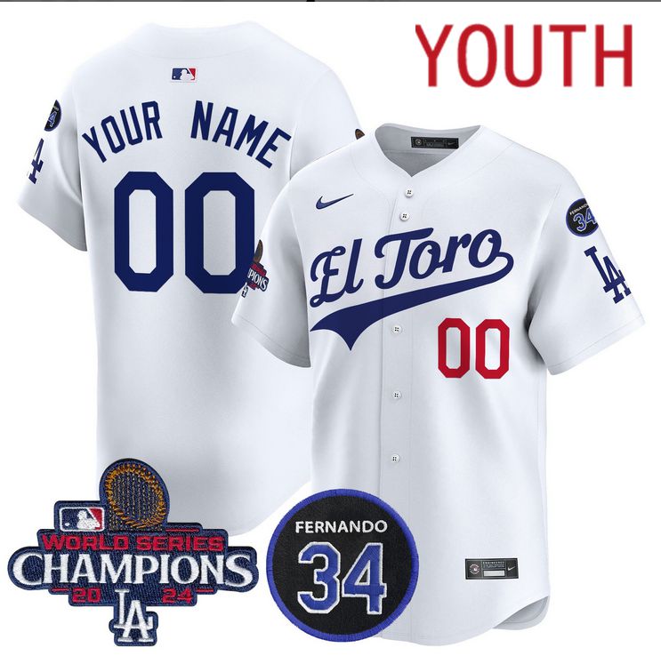 Youth MLB Los Angeles Dodgers Custom white 2024 World Series Champions Patch Cooperstown Jersey 